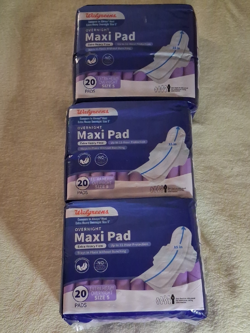 3 WALGREENS PACKS OF 20 MAXI PADS W/ WINGS! 60 PADS! NEW IN PACKS!